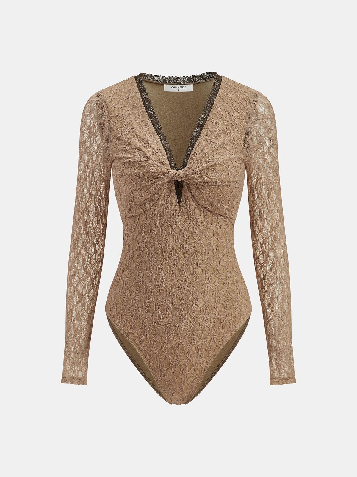 Semi-Sheer Lace Twist-Front Long-Sleeve Bodysuit