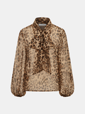 Tie-Neck Leopard-Print Sheer Blouse