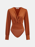 Satin V-Neck Long-Sleeve Ruched Bodysuit