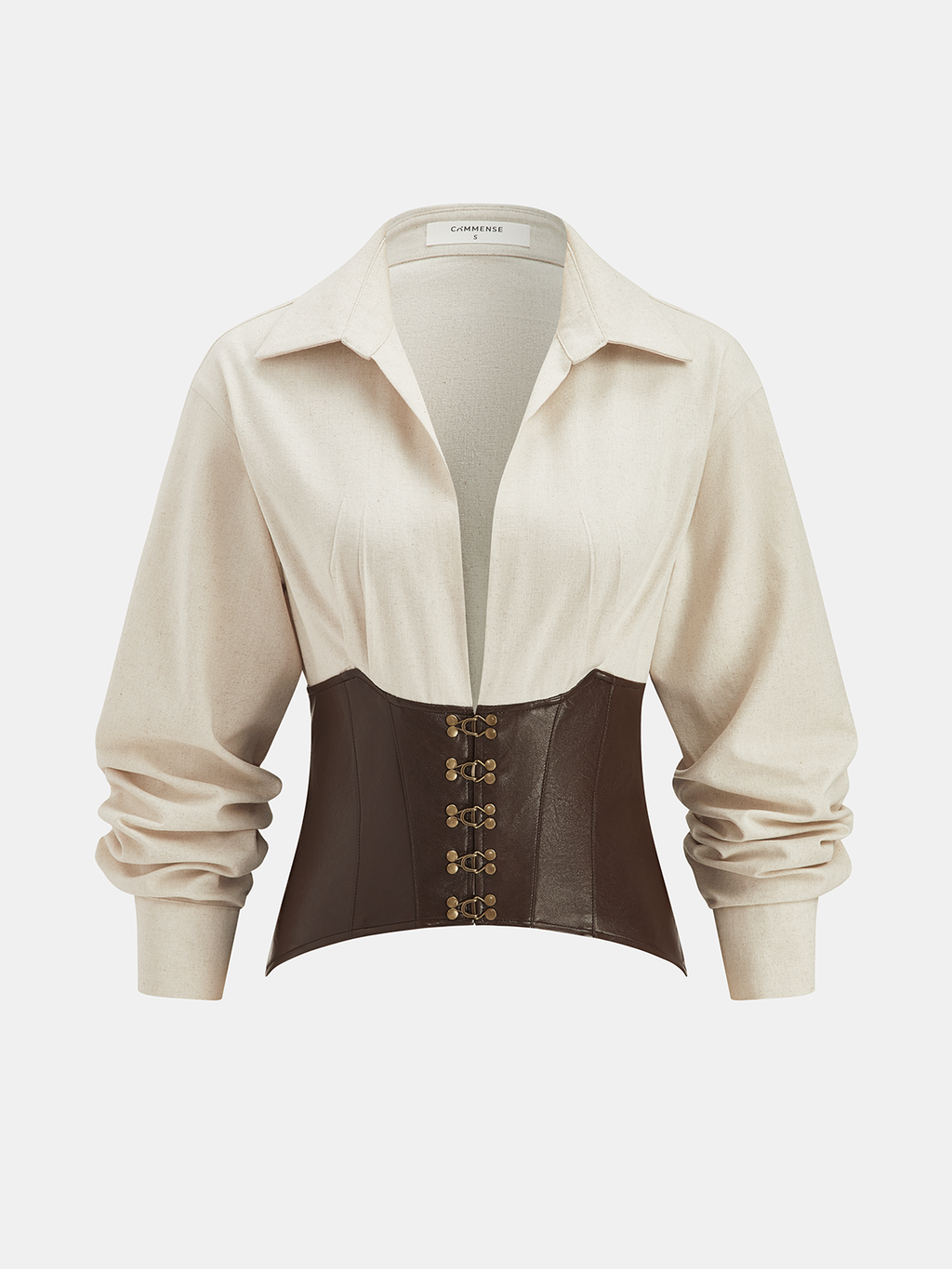 Faux Leather Corset Panel Cotton-Linen Shirt