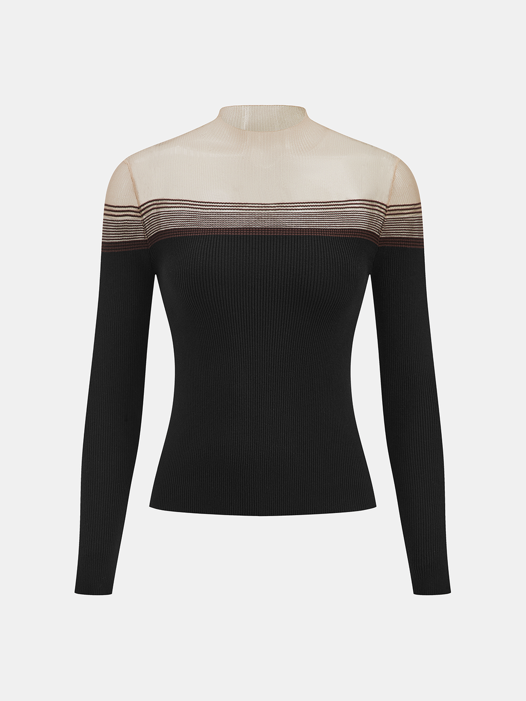 Sheer Panel Mock Neck Ribbed Knit Top