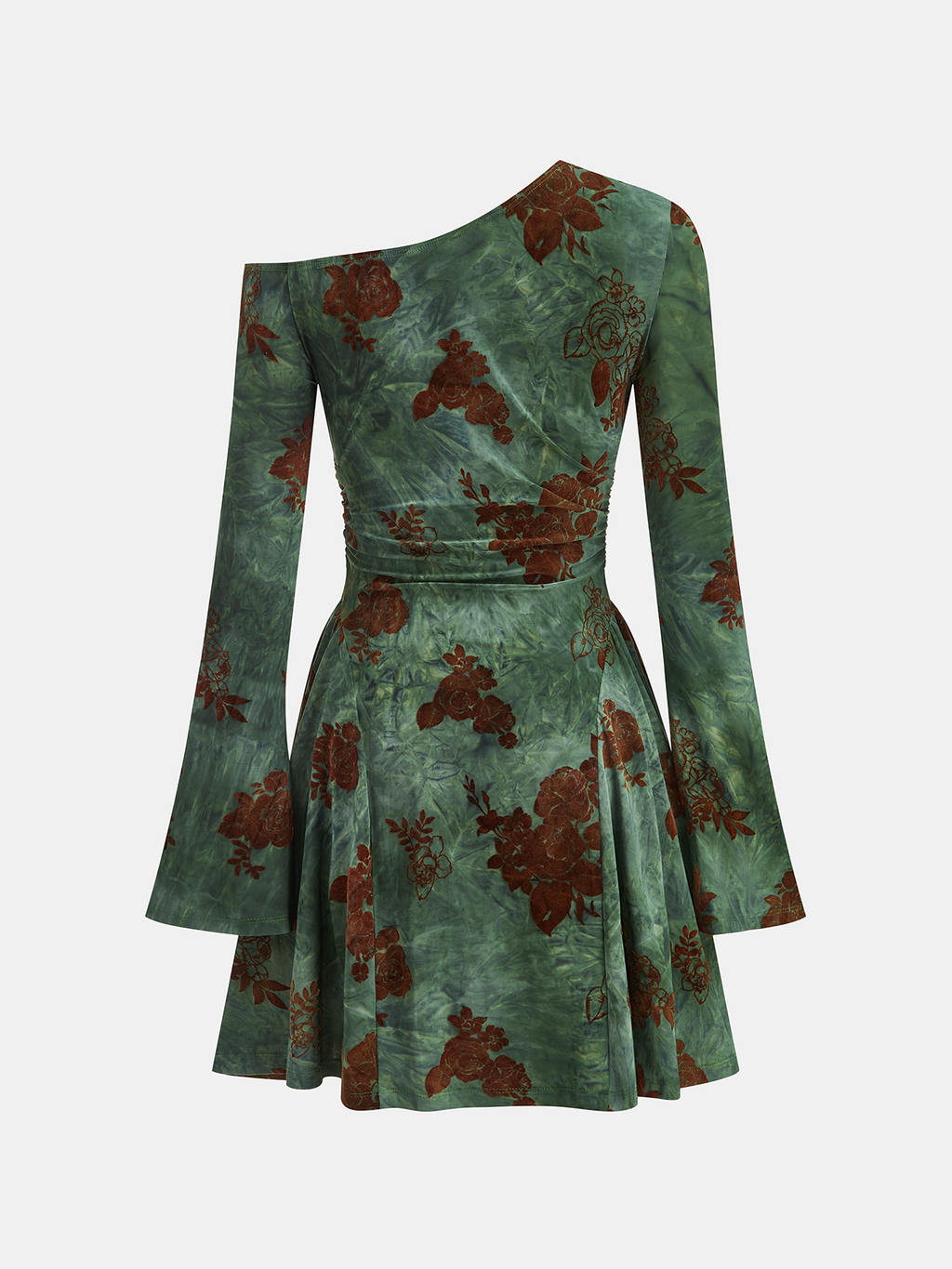 Flocked Floral Print One-Shoulder Mini Dress