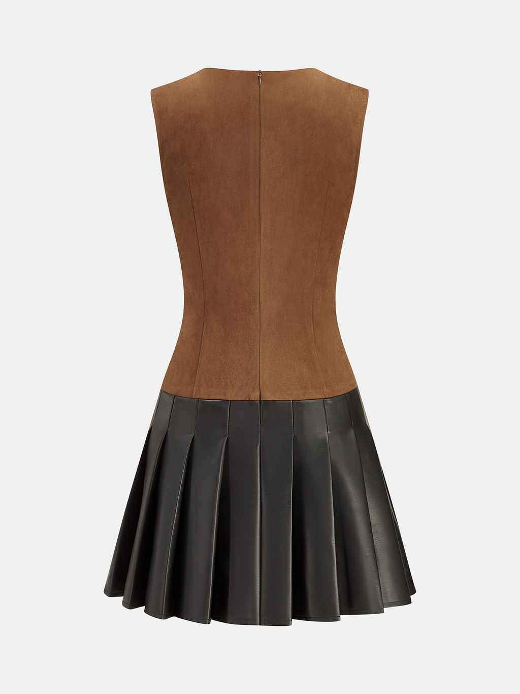 Pleated Faux Leather Hem Sleeveless Suede Effect Dress