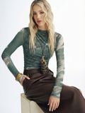 Tie-Dye Mesh Ruched Long-Sleeve Top