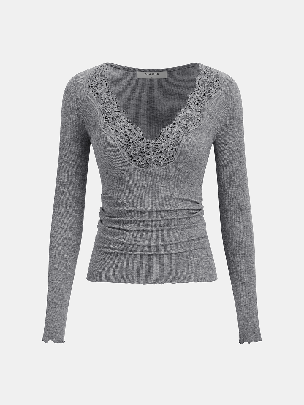Lace V-Neck Ruched Long-Sleeve Top