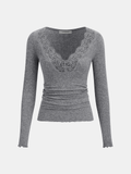 Lace V-Neck Ruched Long-Sleeve Top