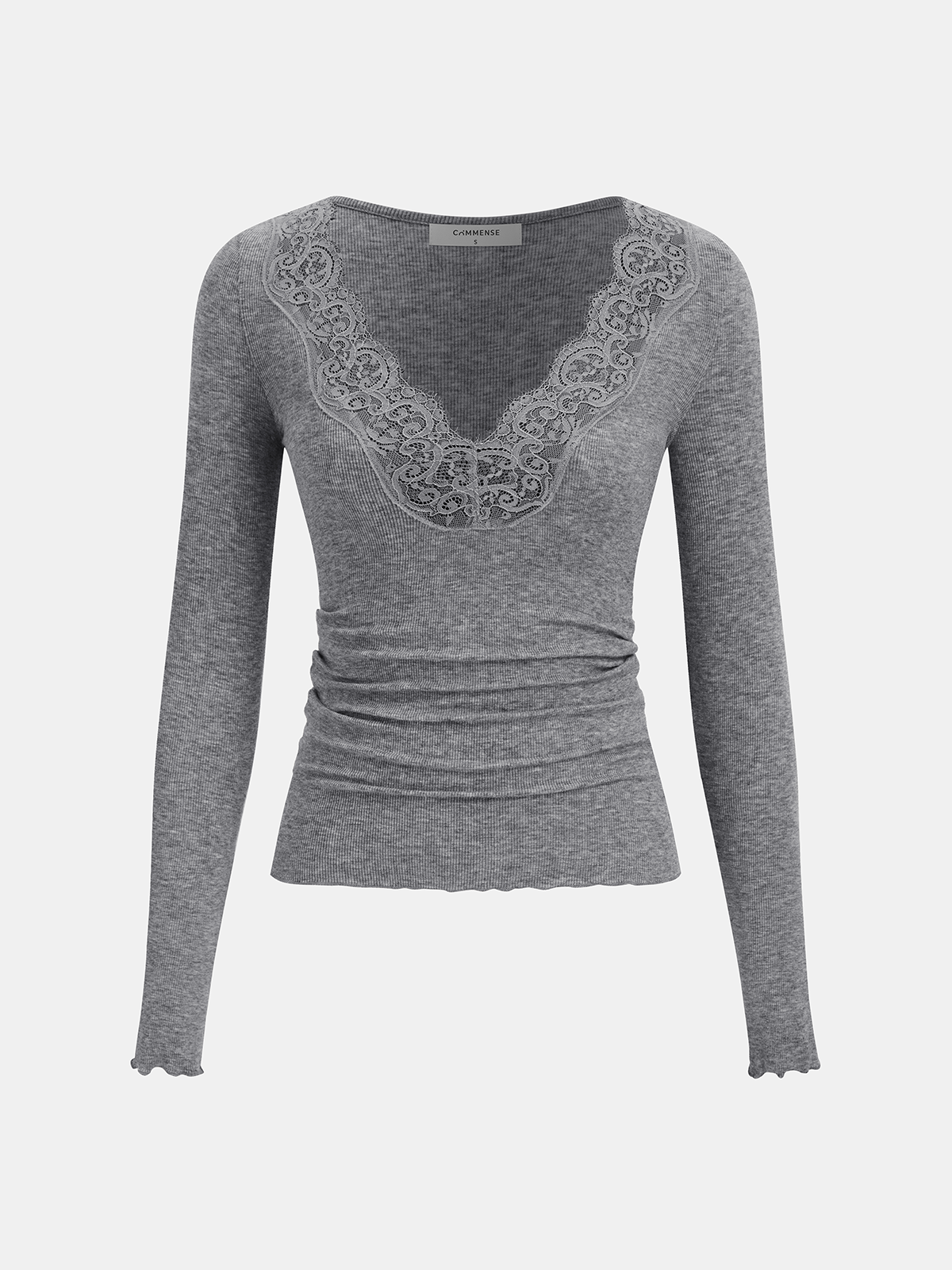 Lace V-Neck Ruched Long-Sleeve Top