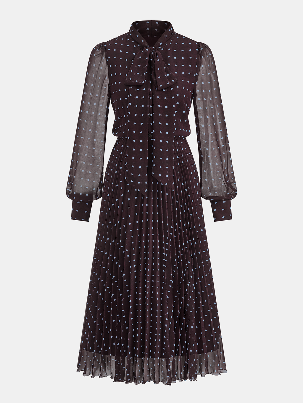 Tie-Neck Pleated Polka Dot Chiffon Maxi Dress