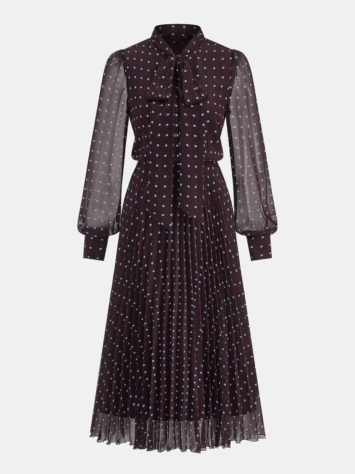 Tie-Neck Pleated Polka Dot Chiffon Maxi Dress