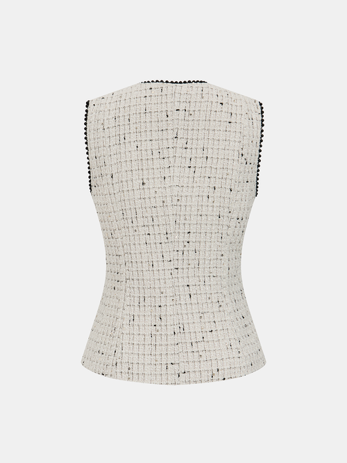 Contrast Trim Pearl Button Tweed Sleeveless Vest