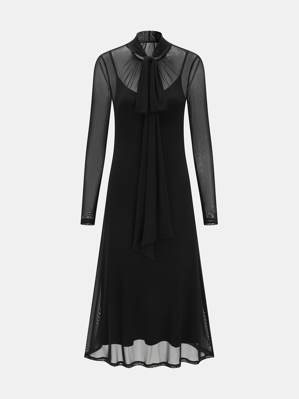 Semi-Sheer Mesh Tie-Neck Maxi Dress