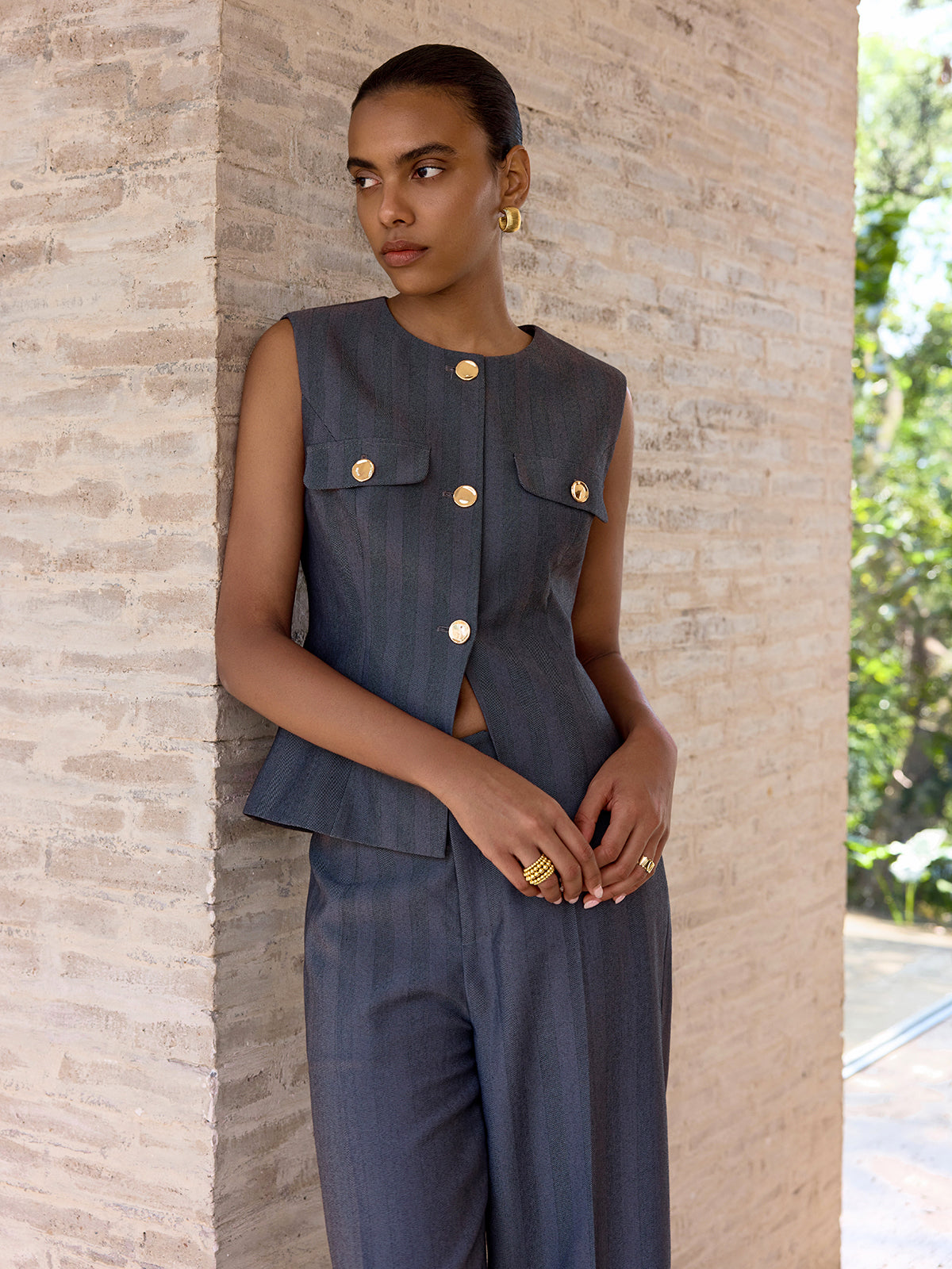 Metal Button Sleeveless Blazer Vest