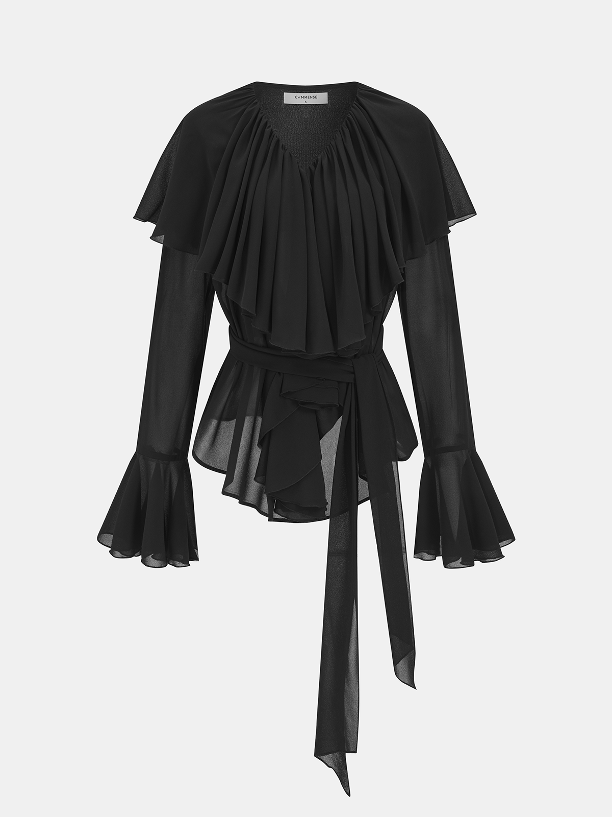 Semi-Sheer Belted Chiffon Ruffled Blouse