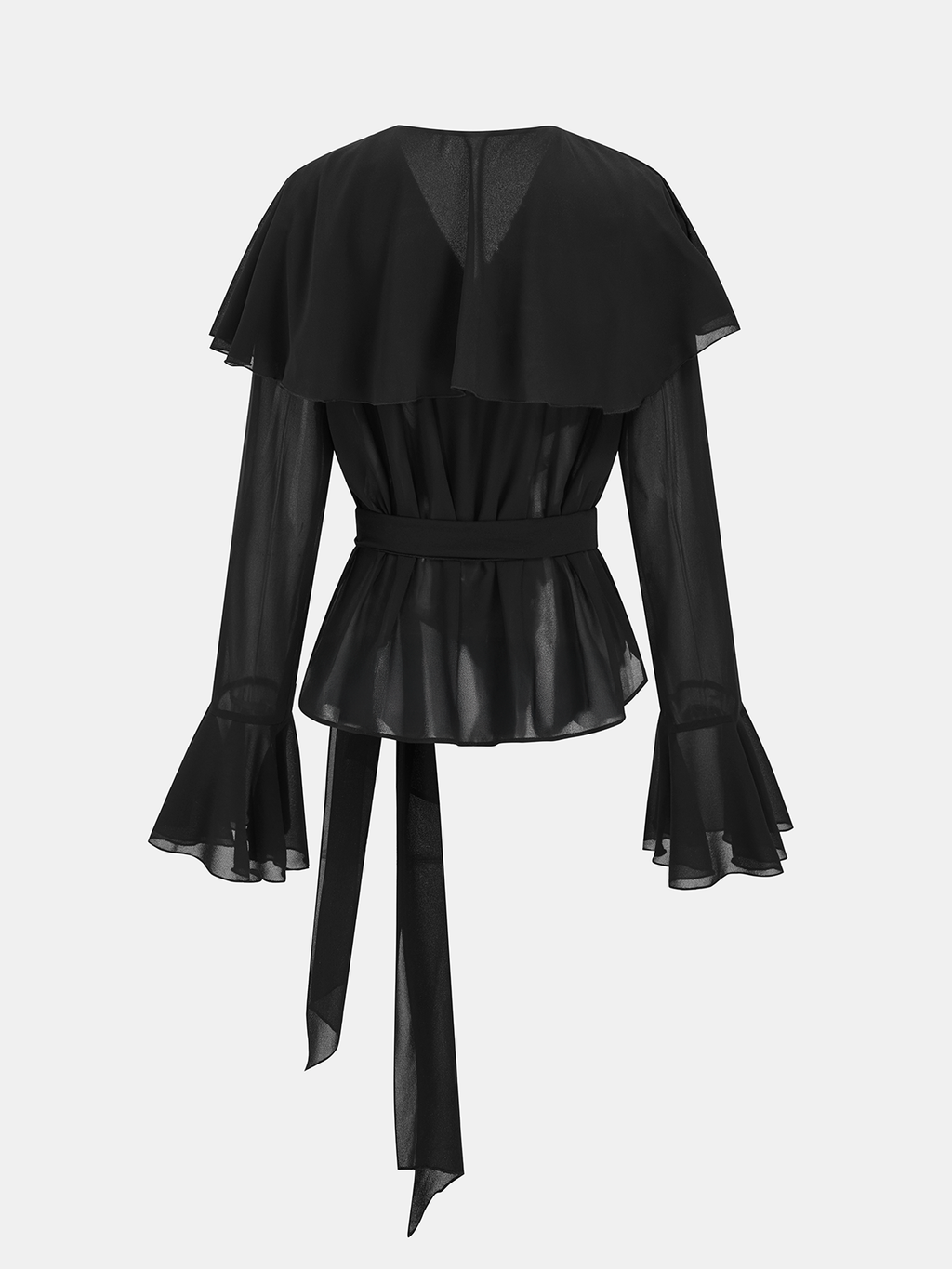 Semi-Sheer Belted Chiffon Ruffled Blouse