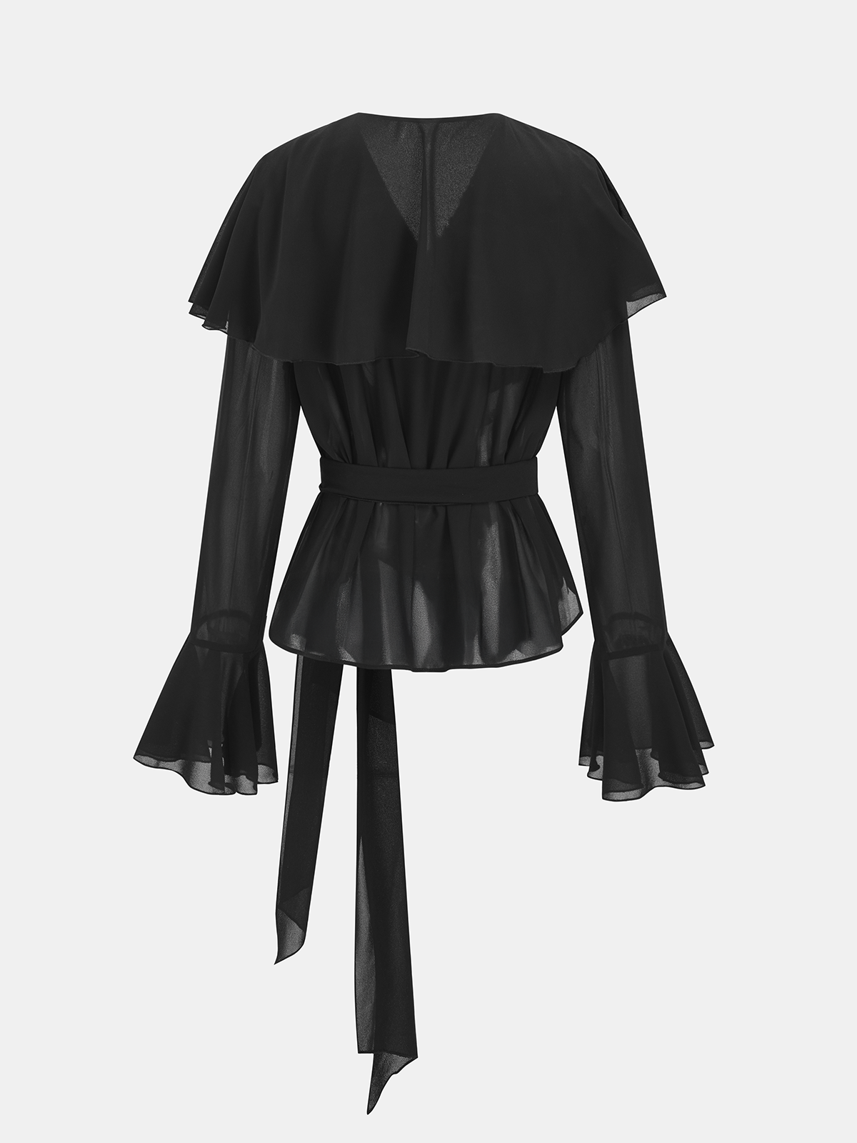 Semi-Sheer Belted Chiffon Ruffled Blouse