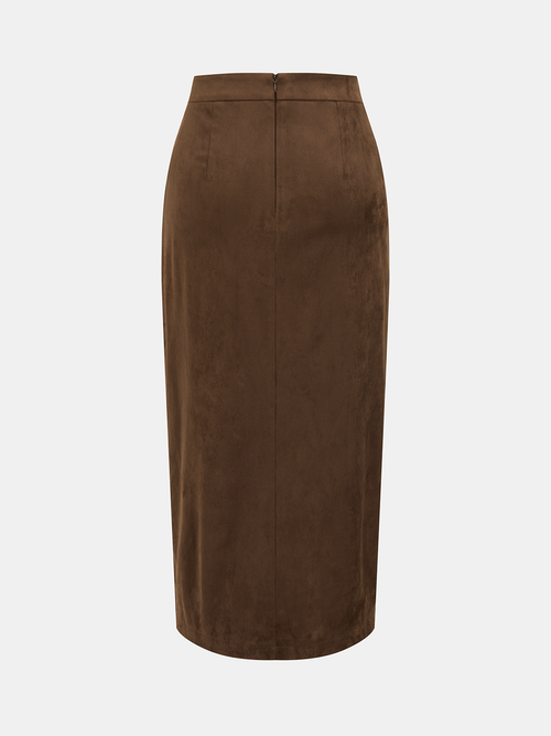 Button Detail Suede Effect Midi Skirt