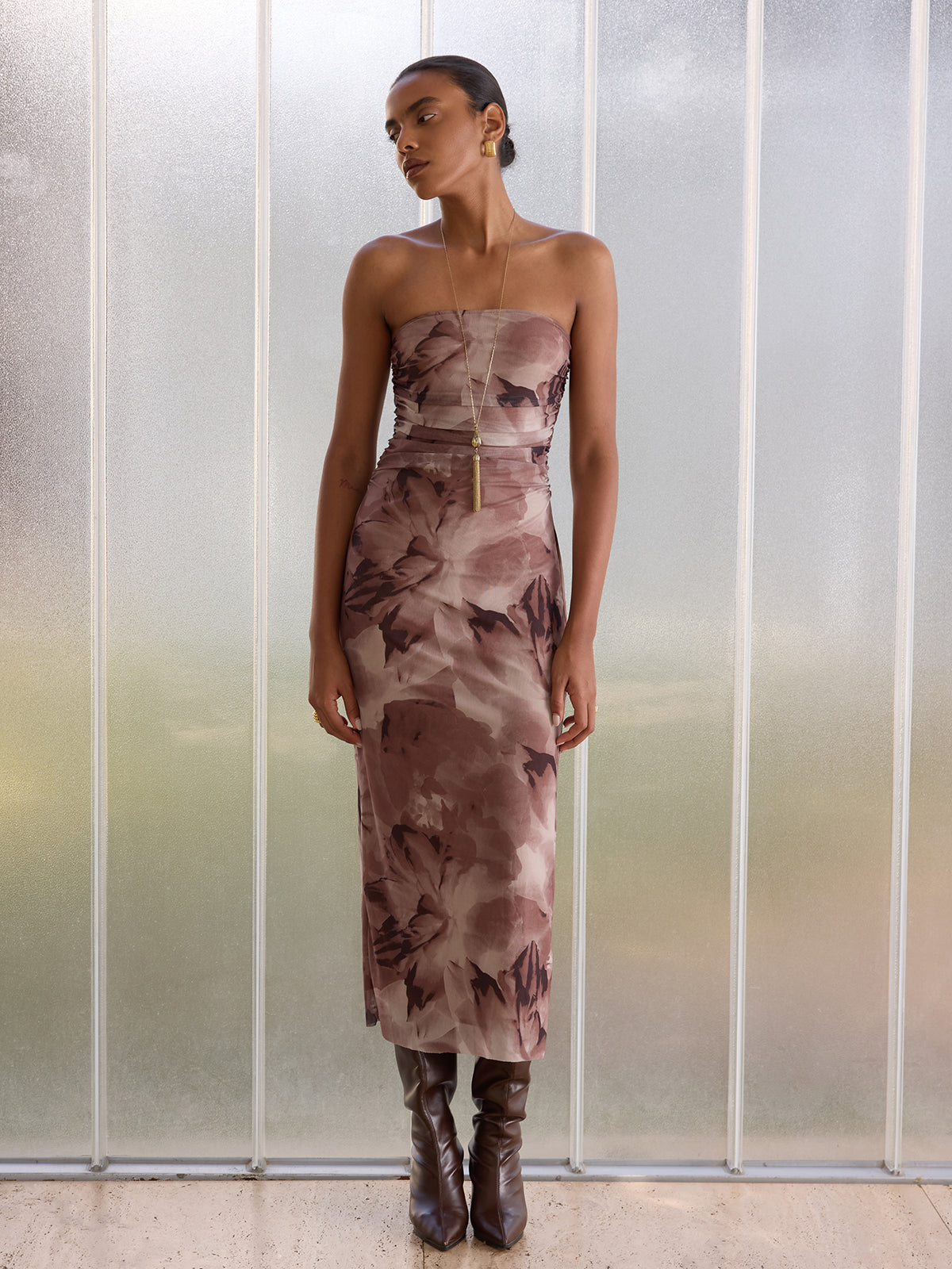 Tie-Dye Print Slit Strapless Midi Dress