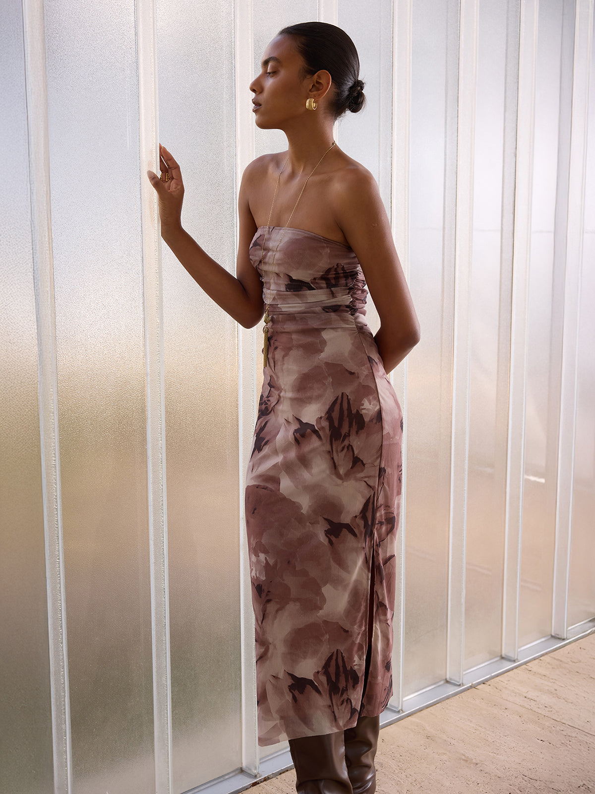 Tie-Dye Print Slit Strapless Midi Dress