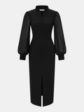 Sheer Sleeve Stand Collar Split Maxi Dress