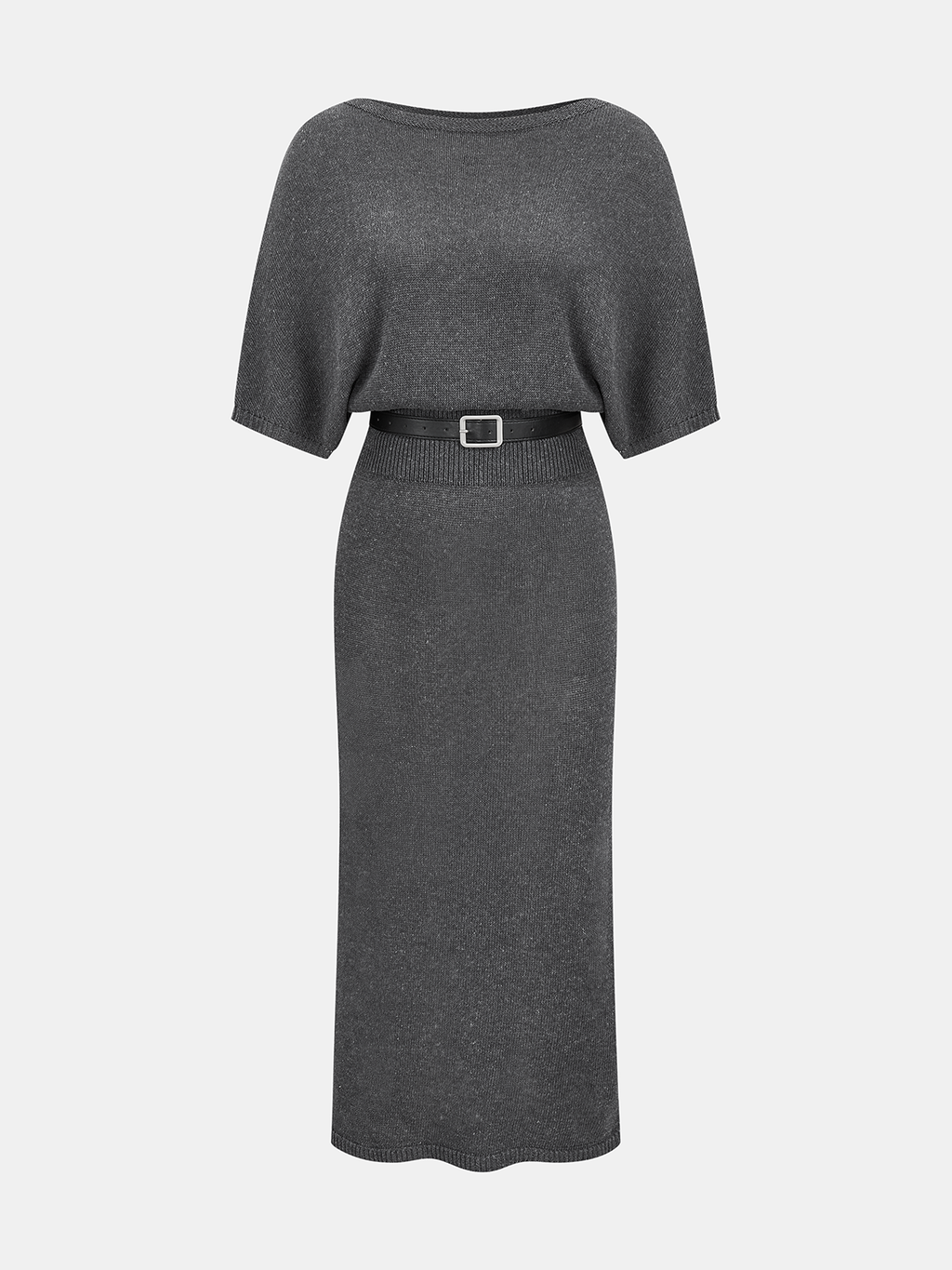 Batwing Sleeve Belted Knit Midi Dress