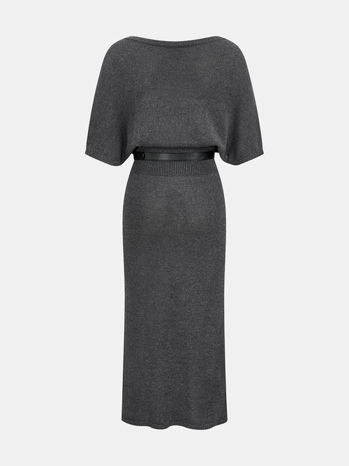 Batwing Sleeve Belted Knit Midi Dress