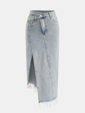 Asymmetric Denim Fringe Midi Skirt