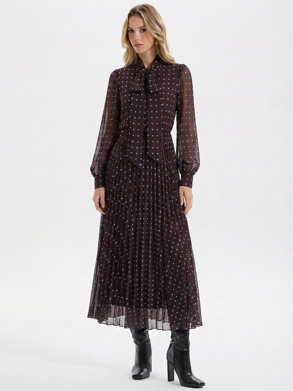 Tie-Neck Pleated Polka Dot Chiffon Maxi Dress