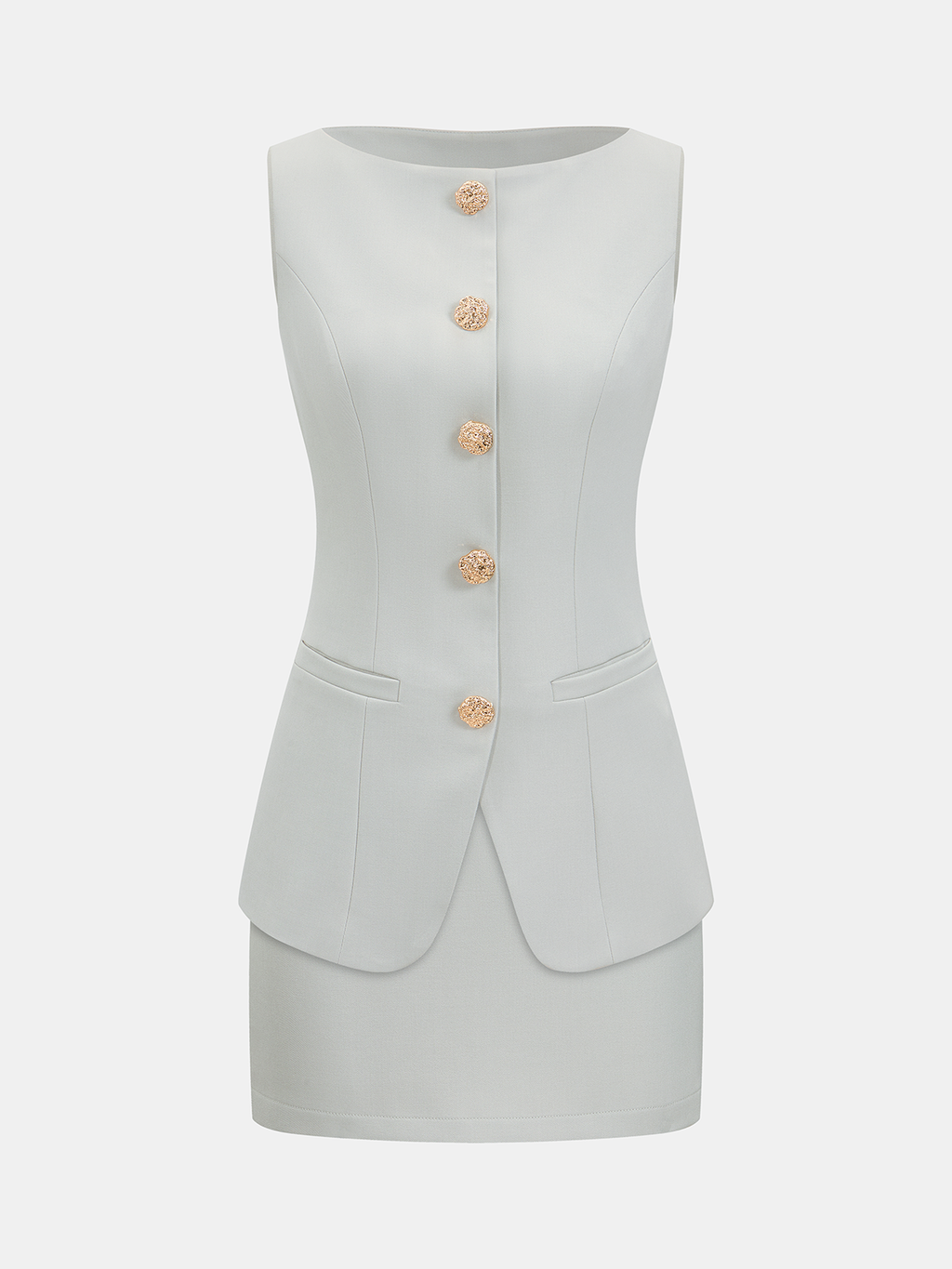 Metal Button Sleeveless Vest & Mini Skirt Set