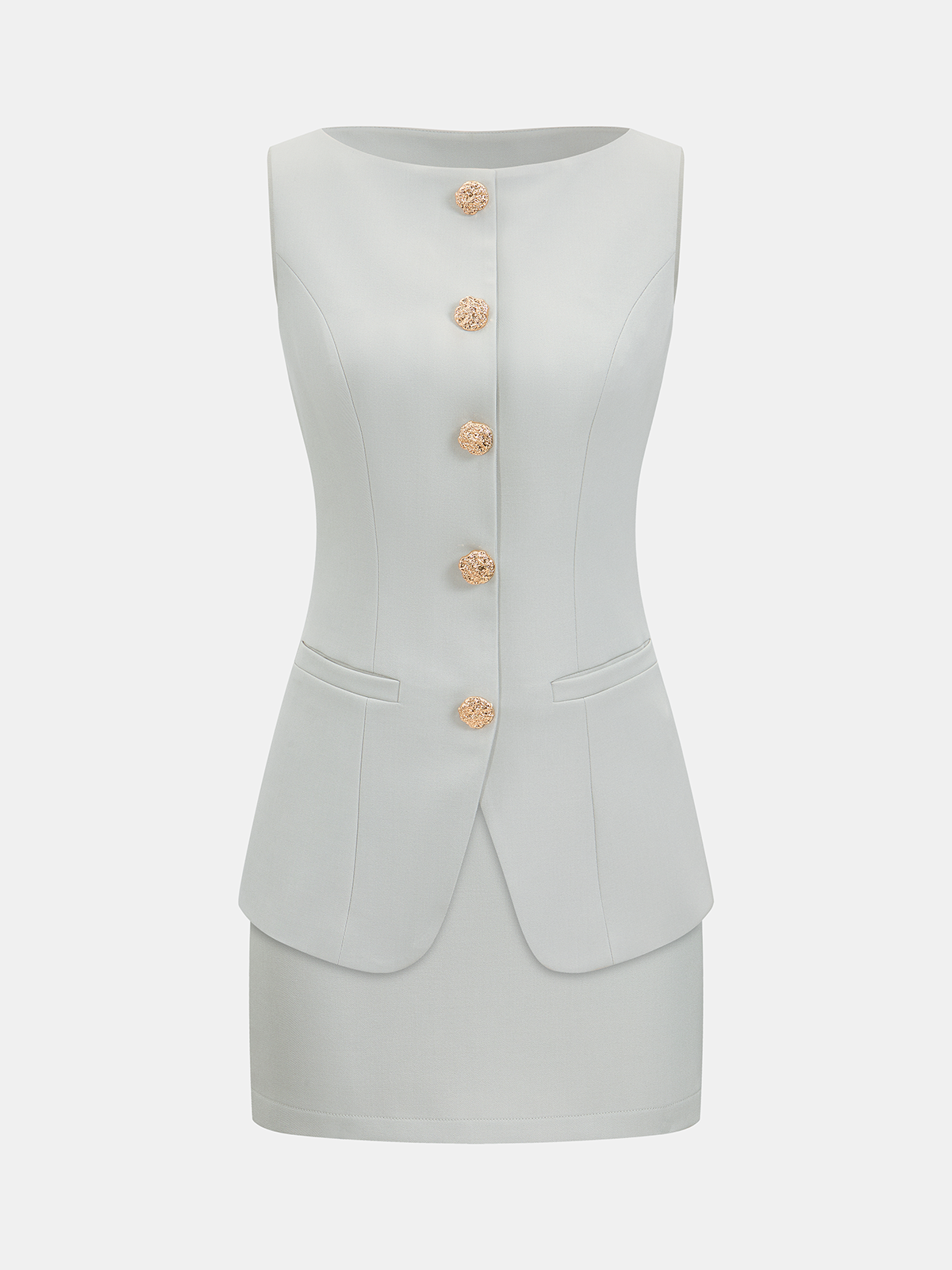 Metal Button Sleeveless Vest & Mini Skirt Set