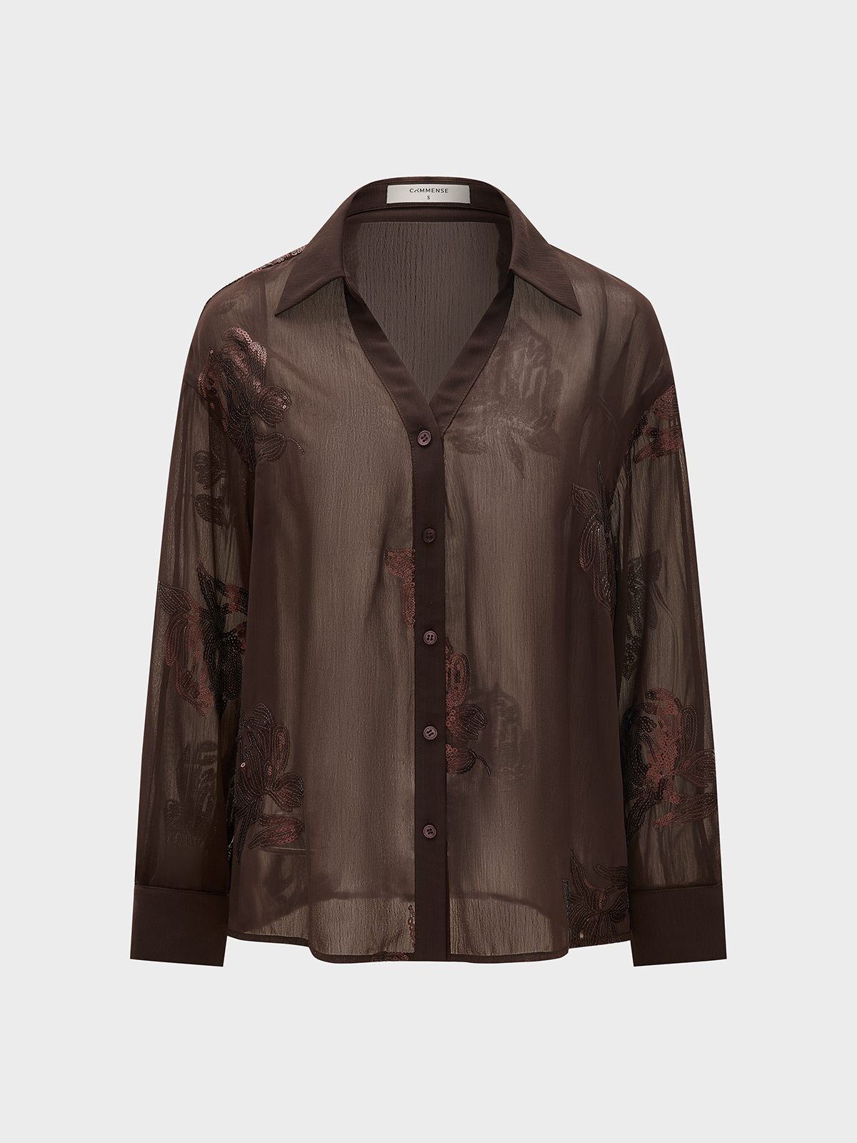 Sheer Sequin Floral Embroidery Blouse