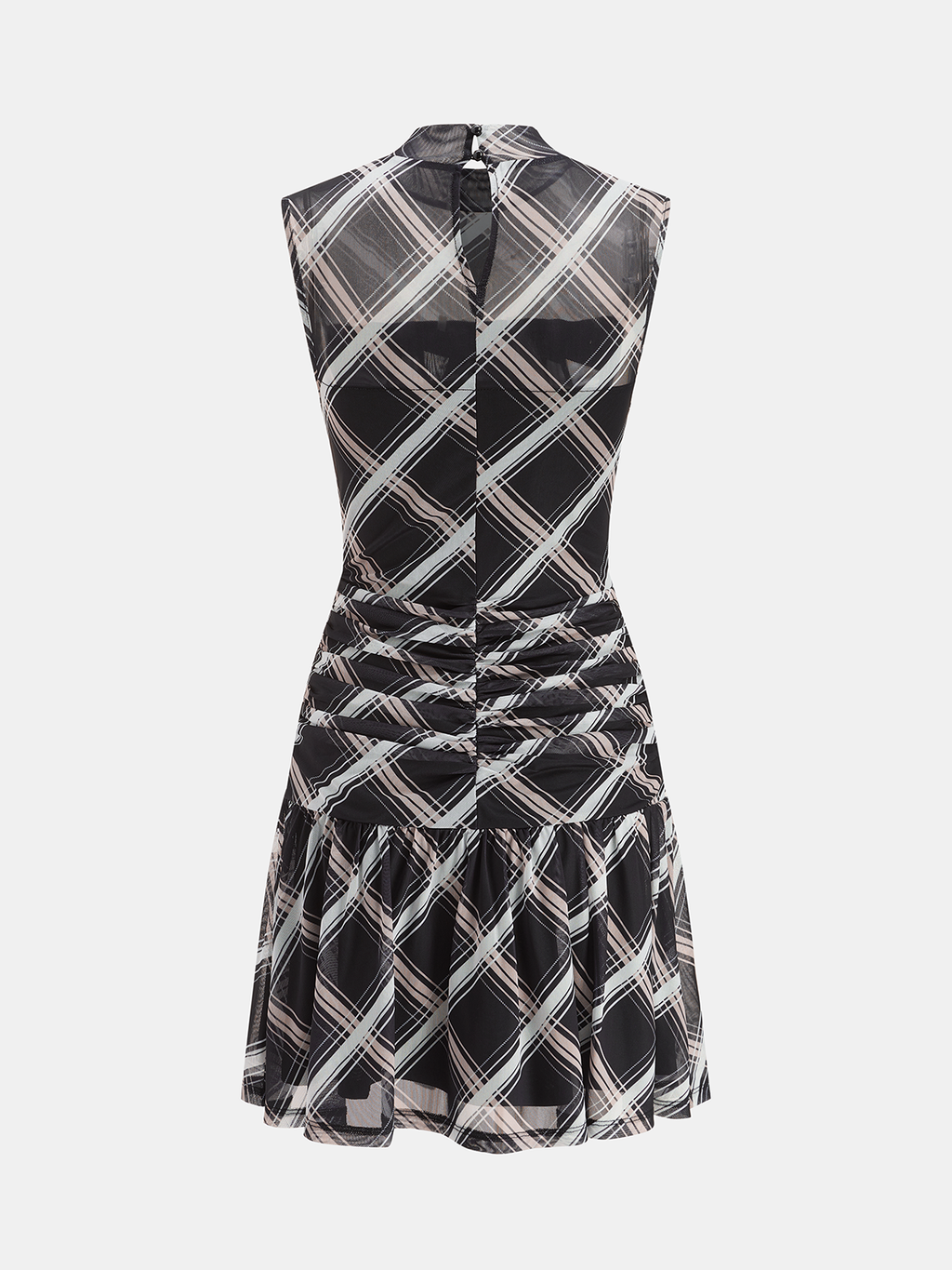 Mock Neck Ruffle Sheer Plaid Mini Dress