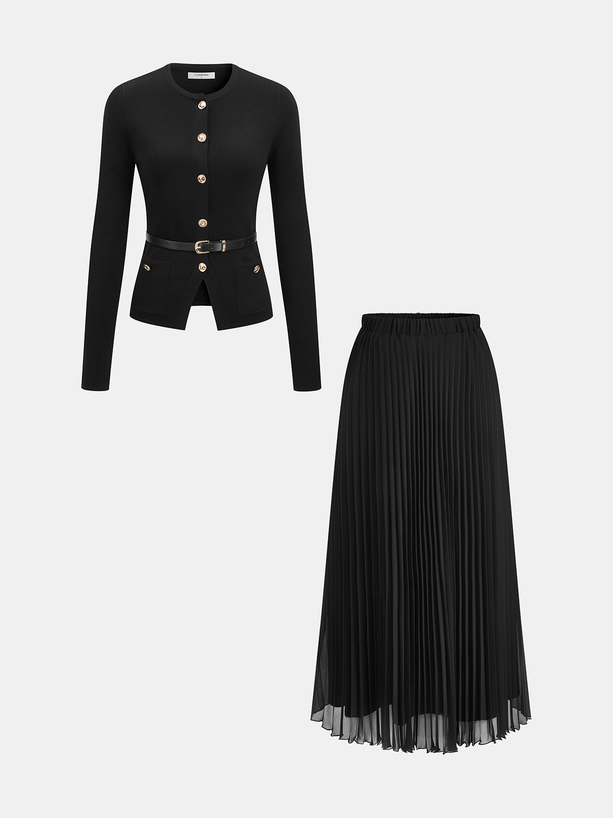 Belted Metal Button Top & Pleated Skirt Set