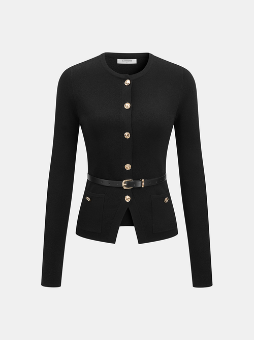 Belted Metal Button Top & Pleated Skirt Set
