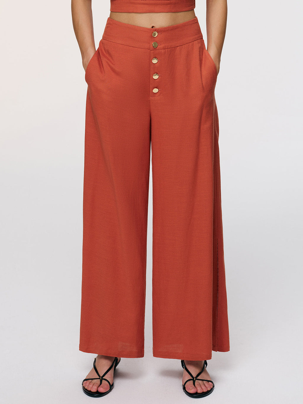 Linen-Blend Crop Shirt & Split Pants Set