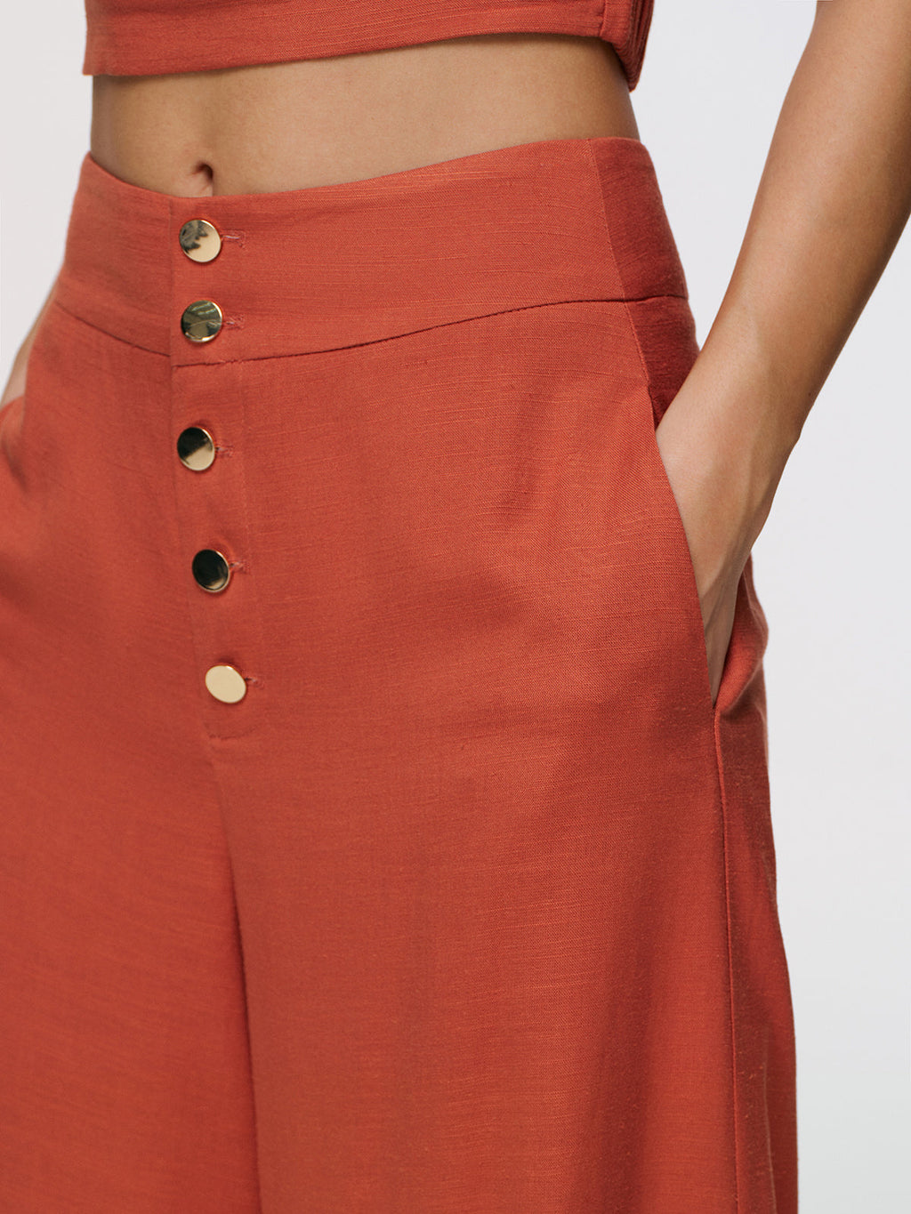 Linen-Blend Crop Shirt & Split Pants Set