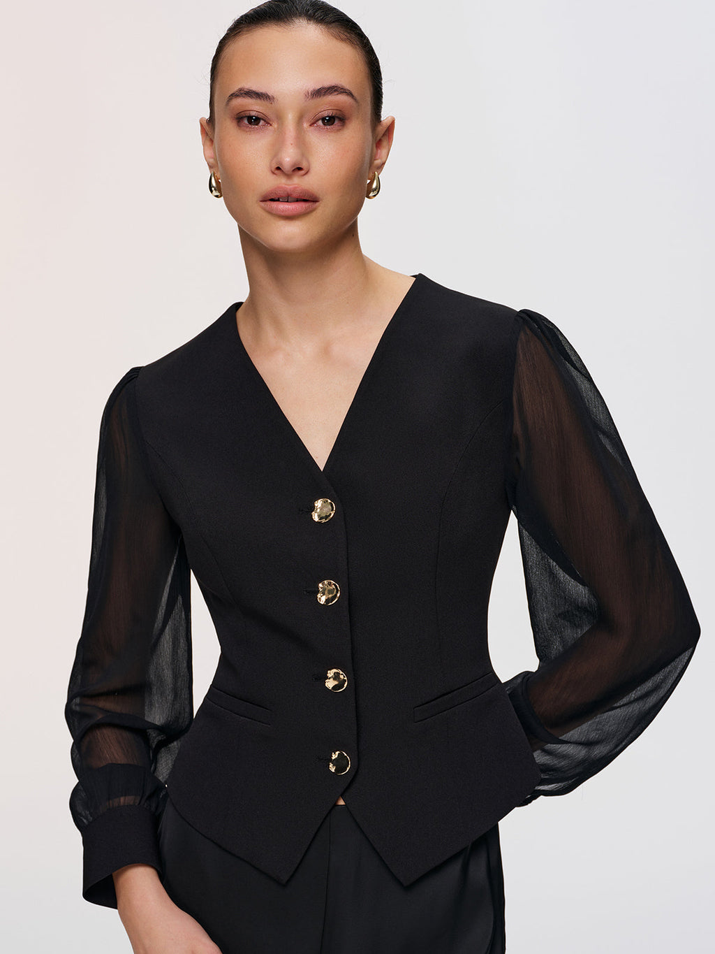 Metal Button Sheer Sleeve V-Neck Blouse