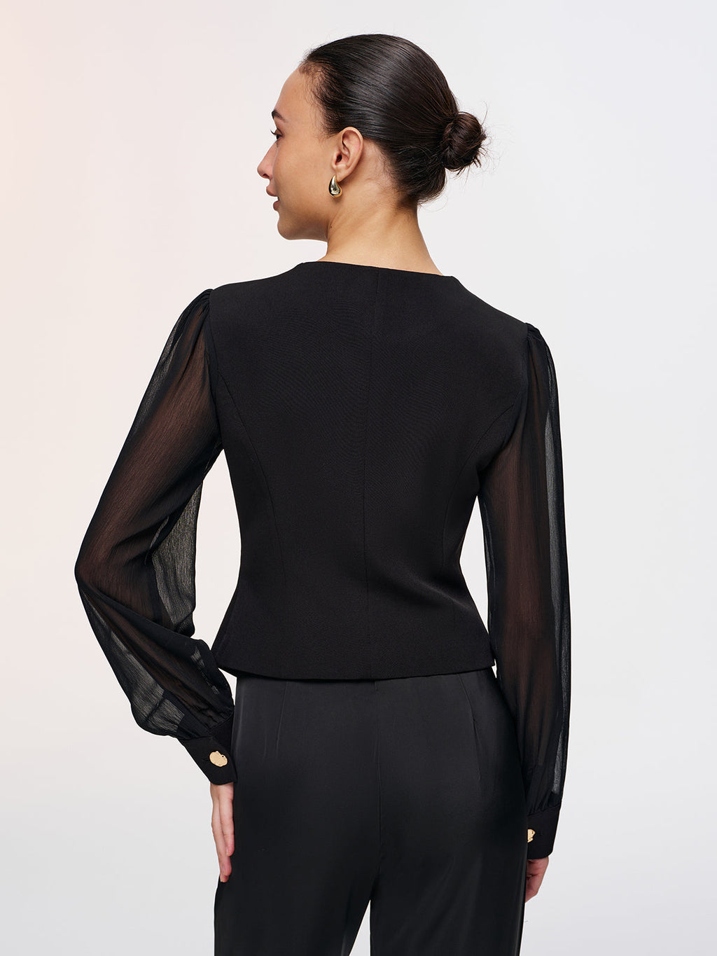Metal Button Sheer Sleeve V-Neck Blouse