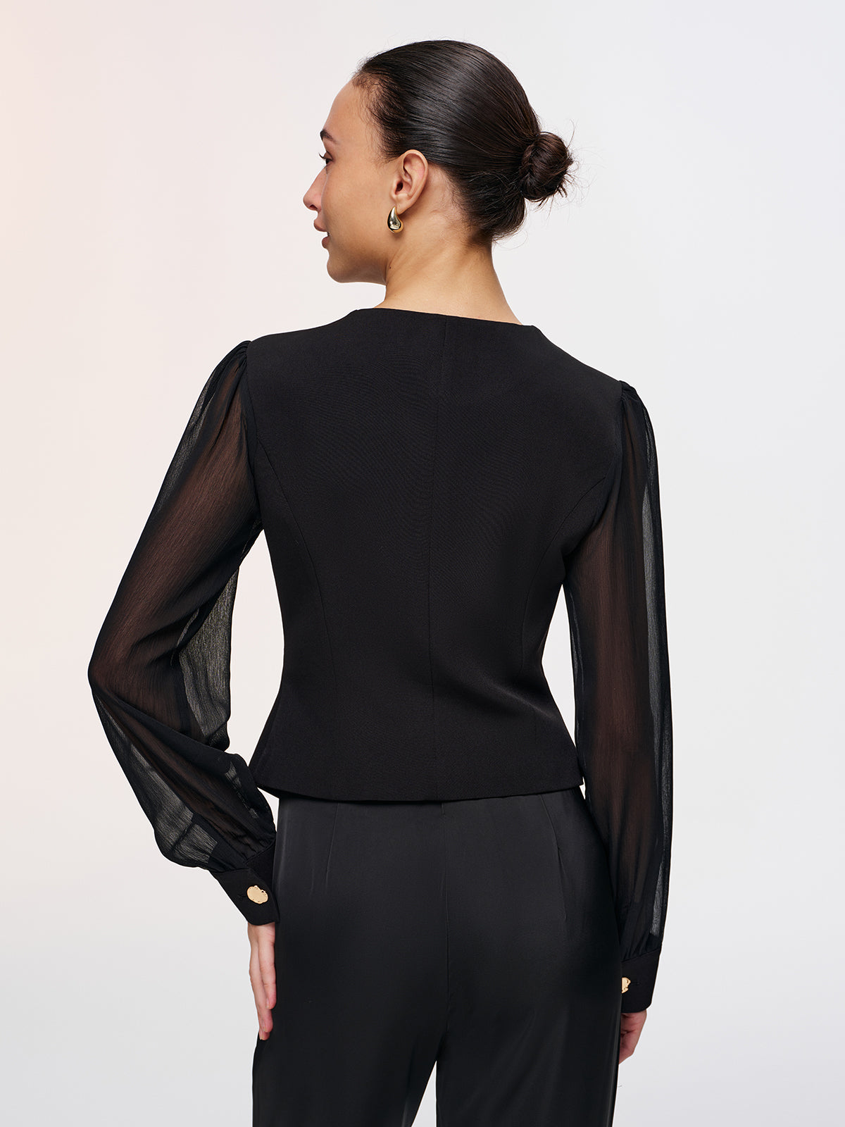 Metal Button Sheer Sleeve V-Neck Blouse