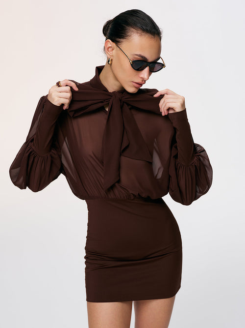 Bow Neck Backless Sheer Chiffon Mini Dress