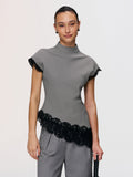 Lace Trim Houndstooth Mock Neck Top
