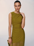 Semi-Sheer Ruched Sleeveless Midi Dress