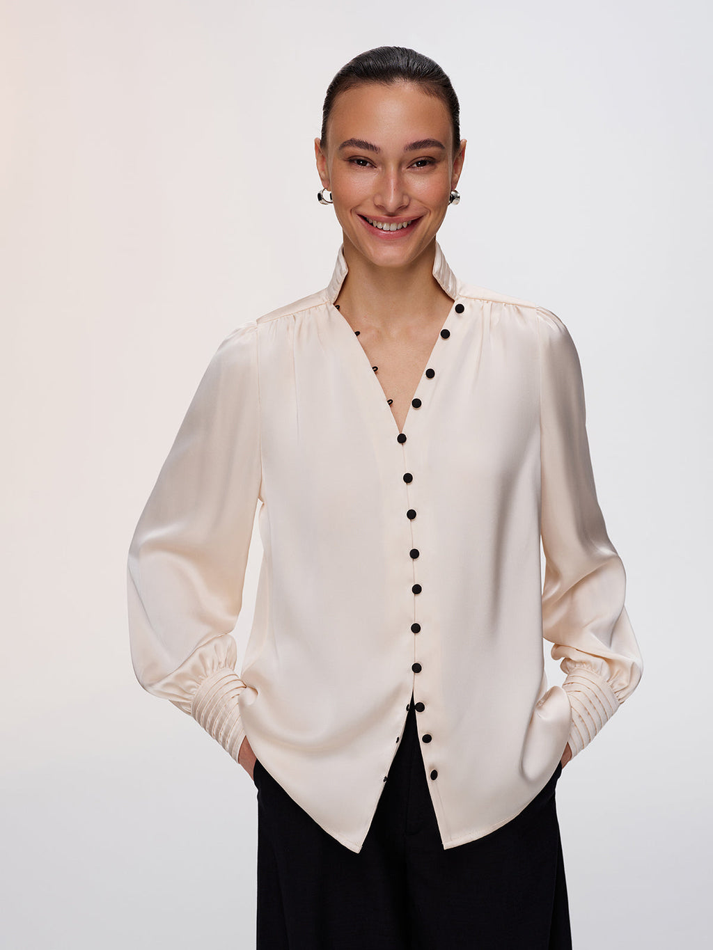 Contrast Button Satin Stand-Collar Blouse