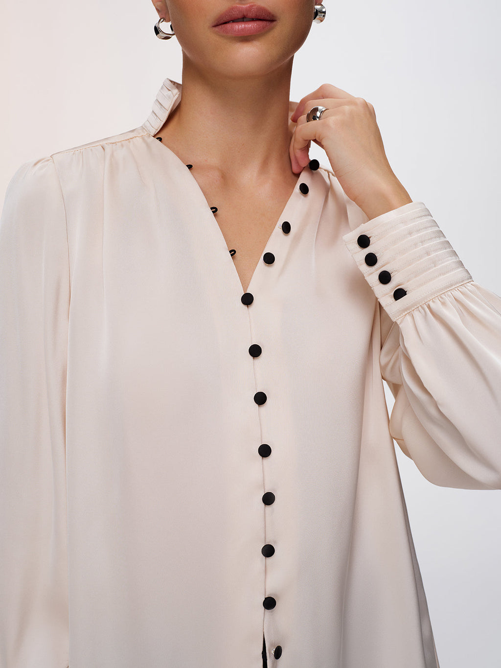 Contrast Button Satin Stand-Collar Blouse