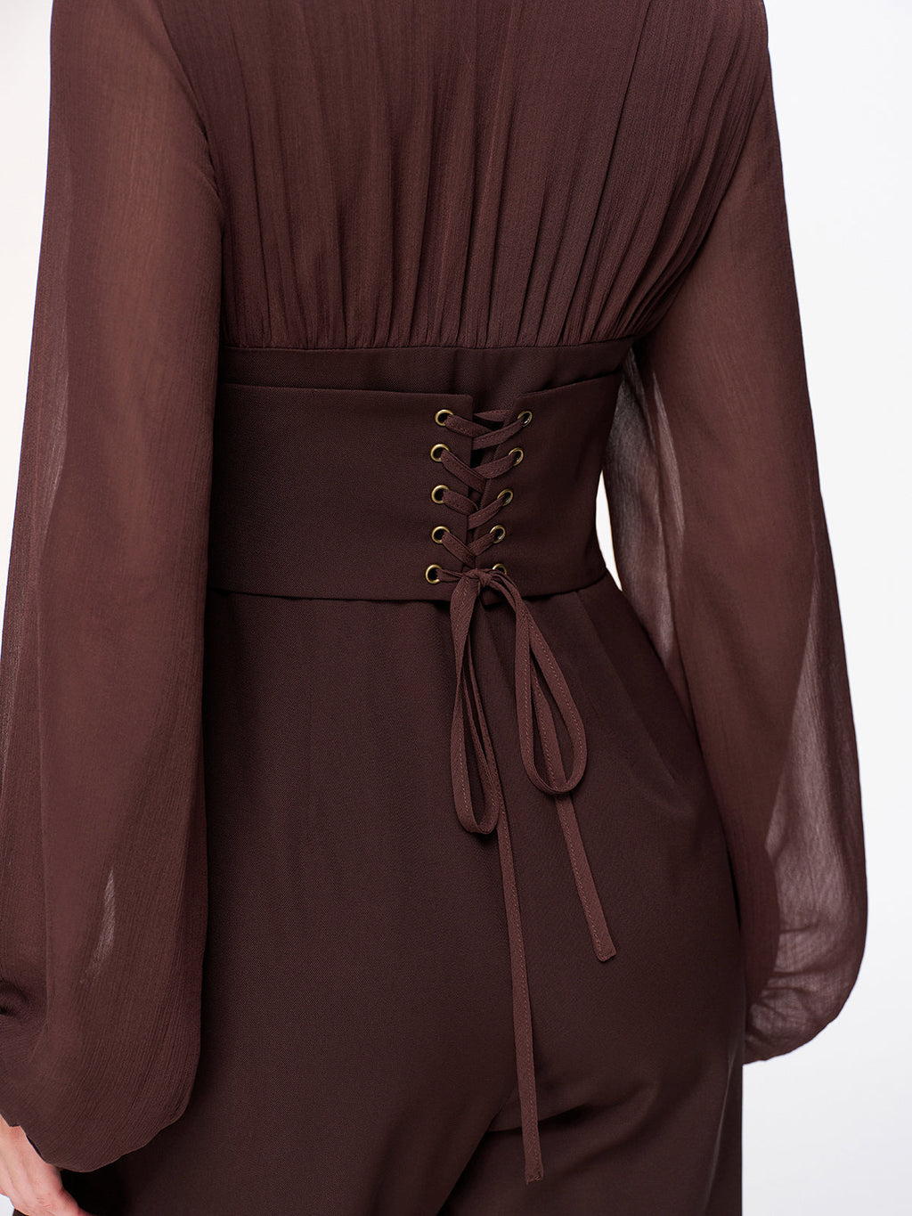 Deep V-Neck Chiffon Panel Pleated Jumpsuit