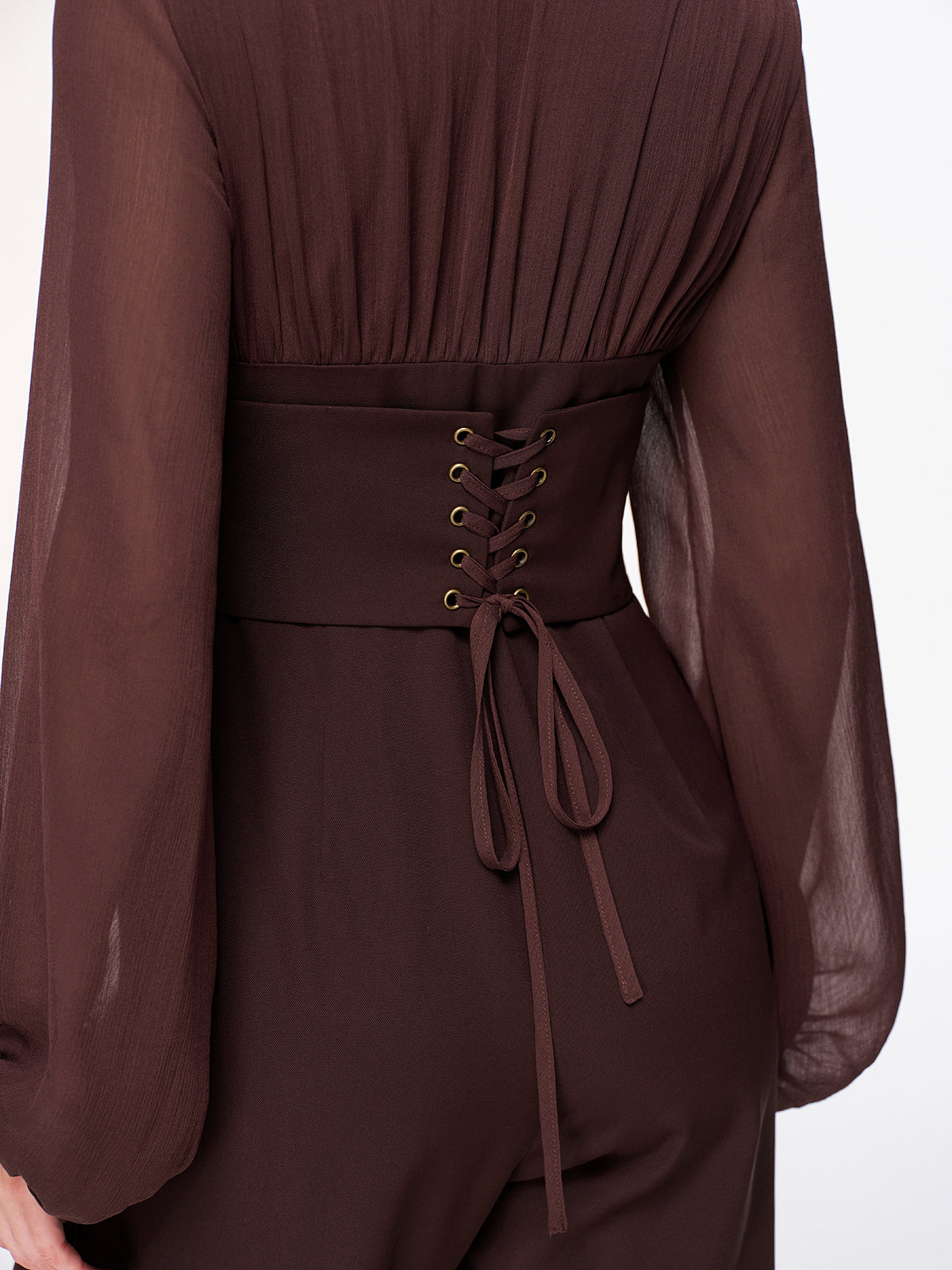 Deep V-Neck Chiffon Panel Pleated Jumpsuit