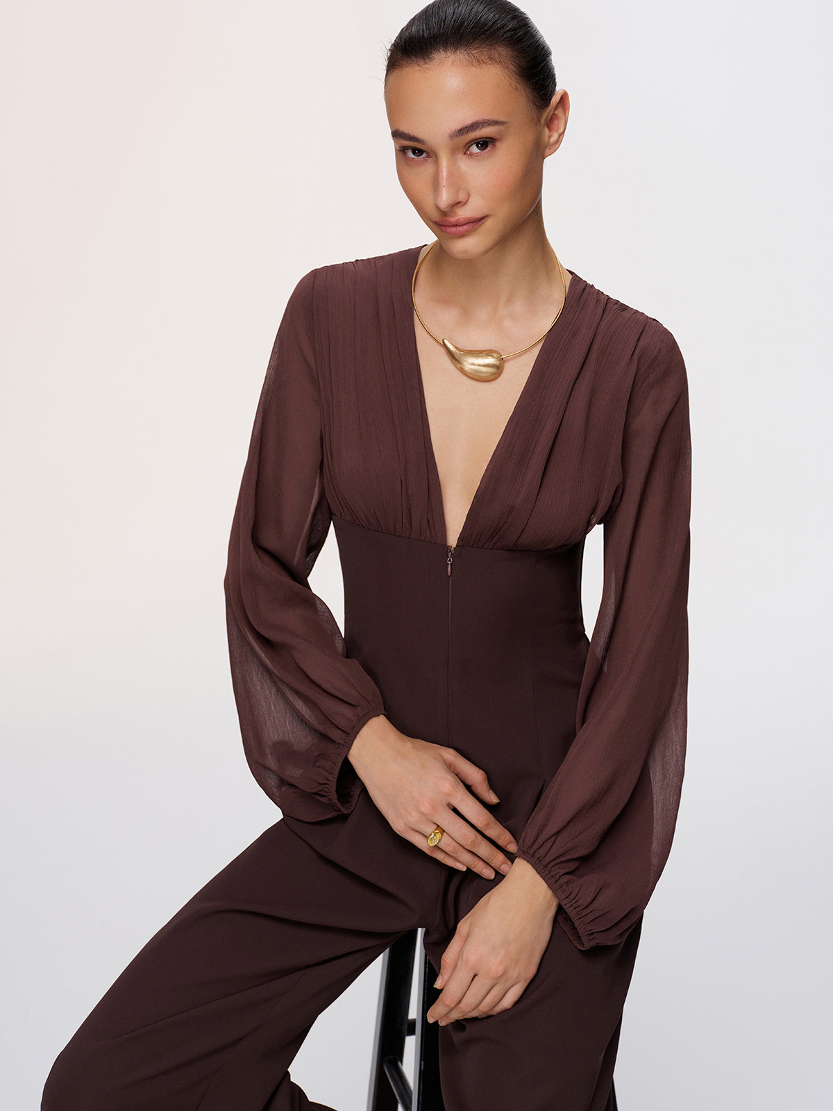 Deep V-Neck Chiffon Panel Pleated Jumpsuit