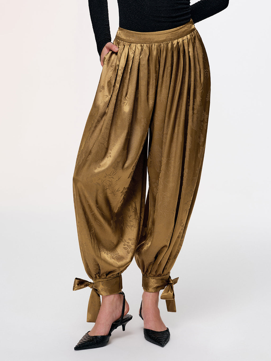Tie-Cuff Satin Brocade Harem Pants