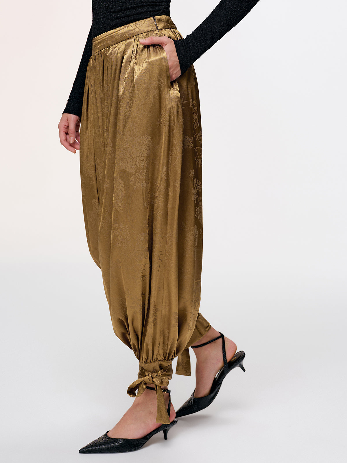 Tie-Cuff Satin Brocade Harem Pants