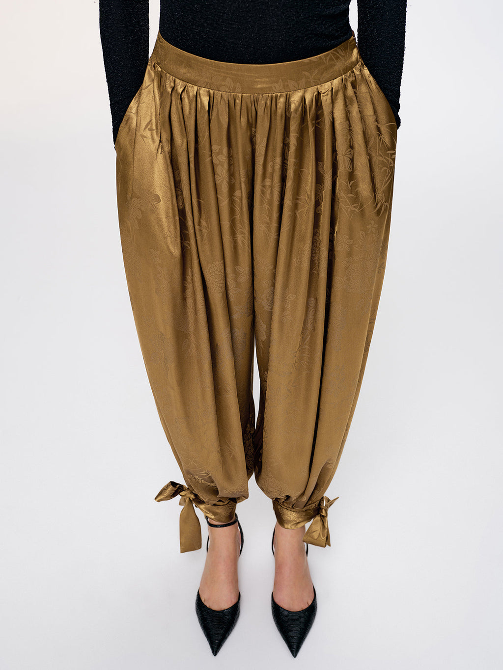 Tie-Cuff Satin Brocade Harem Pants