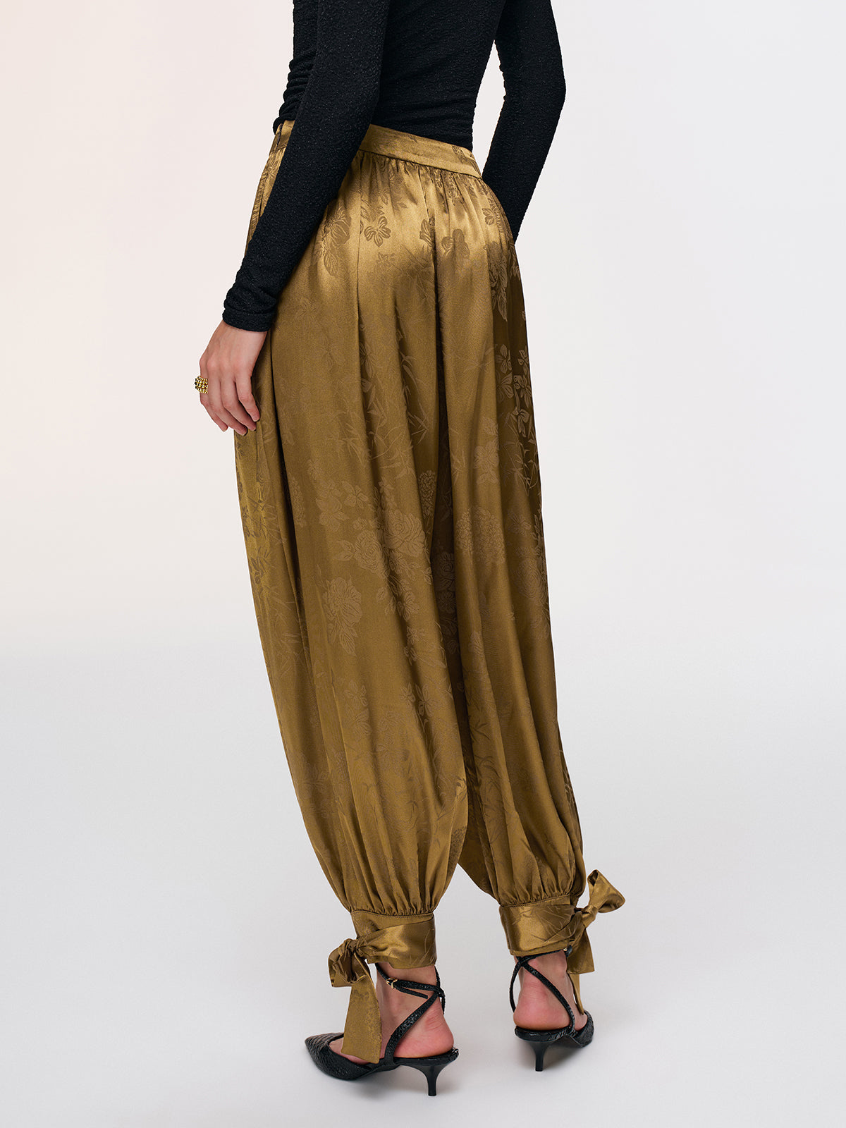 Tie-Cuff Satin Brocade Harem Pants